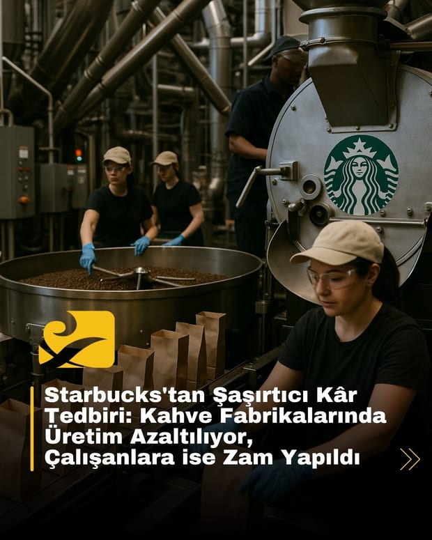 Starbucks üretim tesisinde çalışan işçiler ve kahve paketleme hattı.