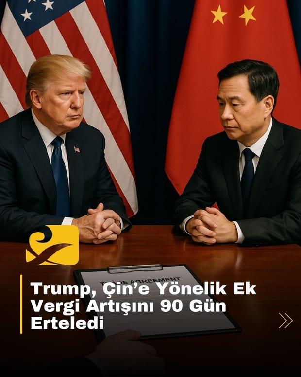 Trump’ın Çin’e yönelik gümrük vergisi artışını 90 gün ertelediğini anlatan sembolik sahne