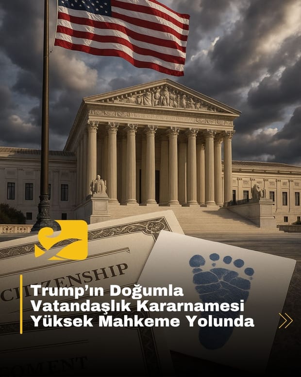 Trump’ın doğumla vatandaşlık kararnamesinin Yüksek Mahkeme’ye taşındığını simgeleyen ABD Yüksek Mahkemesi binası ve Amerikan bayrağı