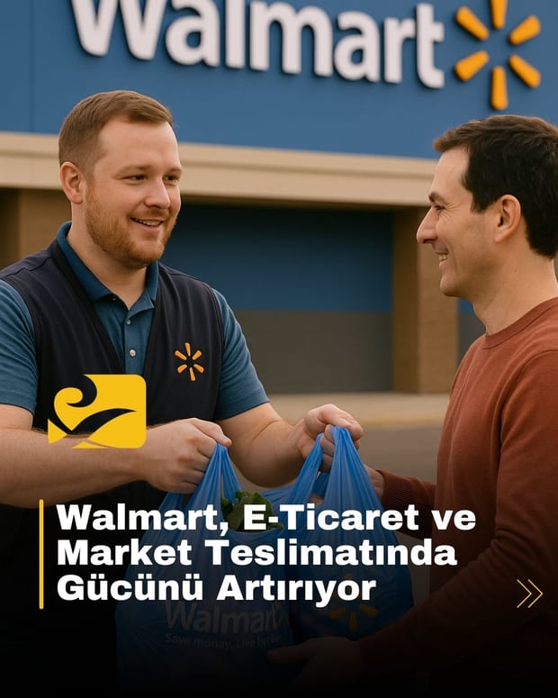 Walmart logosu önünde e-ticaret paketleri ve teslimat yapan bir çalışan.