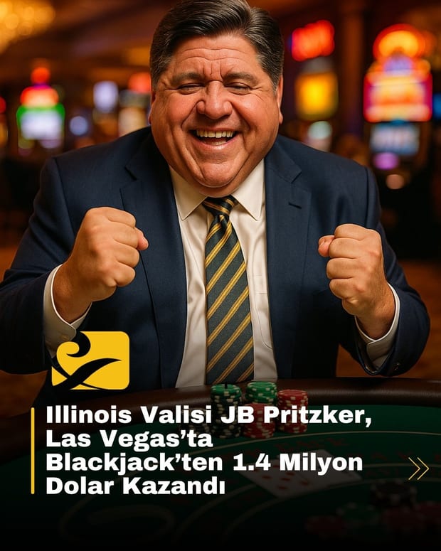 Las Vegas’ta blackjack masasında şanslı eliyle kazanan Illinois Valisi JB Pritzker; arka planda ışıklı kumarhane sahnesi.