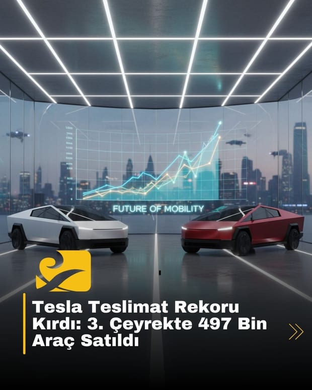 Tesla’nın 2025’in 3. çeyreğinde 497.099 araç teslim ederek kırdığı rekoru simgeleyen modern bir Tesla showroomu