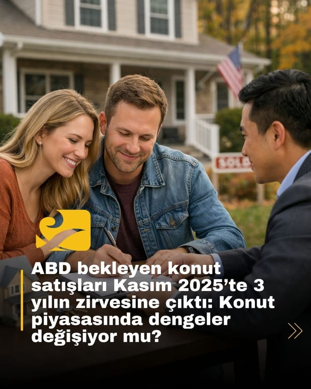 ABD bekleyen konut satışları artışını yansıtan, ev satın alma sözleşmesi imzalayan bir Amerikan çiftin yer aldığı gerçekçi konut piyasası görseli.