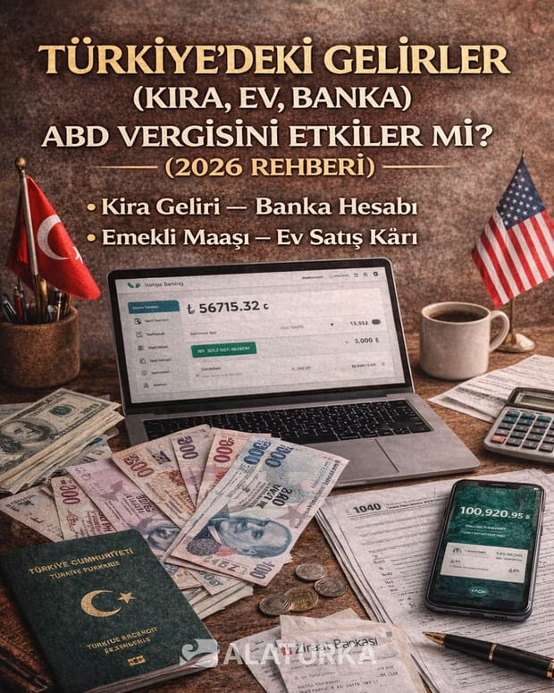 Türkiye’deki kira ve banka gelirlerinin ABD vergisine etkisini gösteren finansal masa görseli