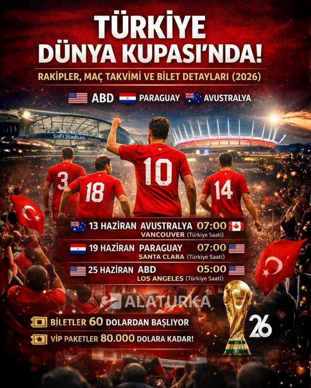 A Milli Takım'ın 2026 Dünya Kupası D Grubu maç takvimi, rakipler (ABD, Paraguay, Avustralya) ve 60 dolardan başlayan bilet fiyatlarını gösteren Alaturka.com görsel rehberi