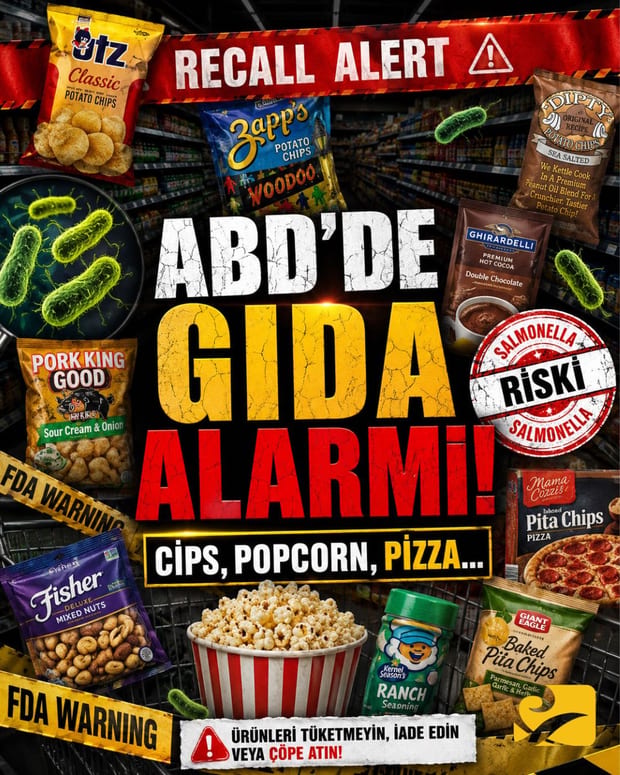 ABD’de salmonella riski nedeniyle geri çağırılan cips, popcorn ve snack ürünleri için hazırlanan FDA uyarı görseli