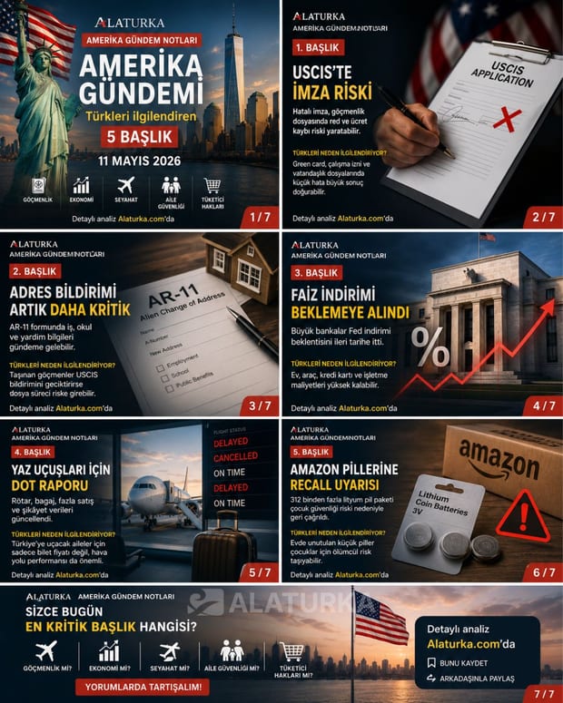 11 Mayıs 2026 Alaturka Amerika Gündem Notları carousel görseli, Türkleri ilgilendiren beş Amerika başlığı