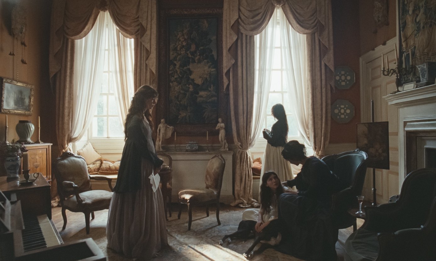 Aşk ve Yaşam filminden bir sahne: Dashwood ailesi malikânenin salonunda