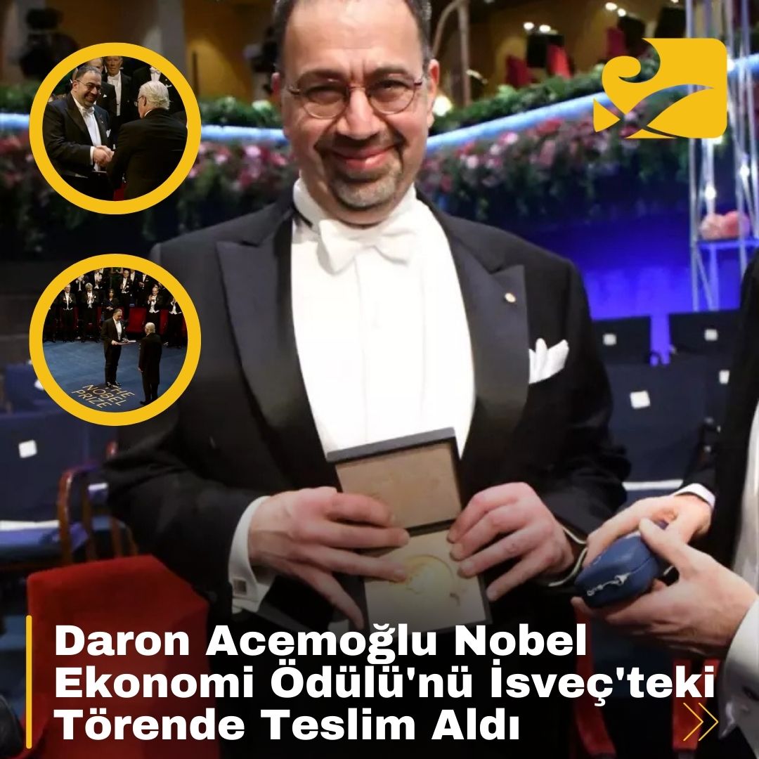 Daron Acemoğlu, İsveç'teki törende Nobel Ekonomi Ödülü'nü teslim alırken.