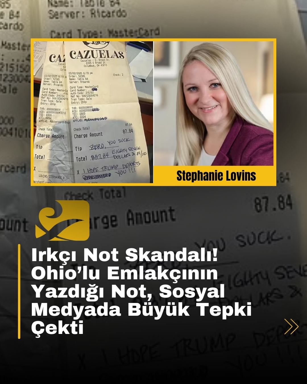 Ohio’da bir emlakçı, garsona bahşiş yerine ırkçı not bırakarak tepki çekti