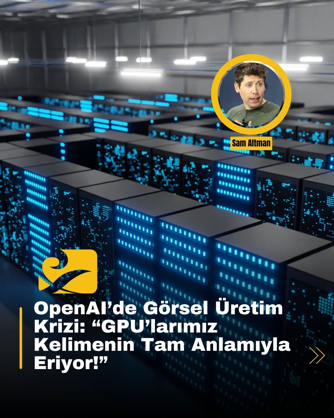 OpenAI CEO’su Sam Altman’ın GPU krizini açıkladığı, ChatGPT ile oluşturulan yapay zekâ görsellerini simgeleyen tasarım