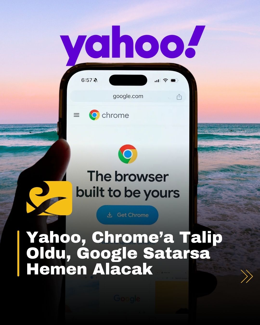 Yahoo ve Google Chrome logoları, antitröst davası sonrası potansiyel bir satın alma olasılığını simgeliyor