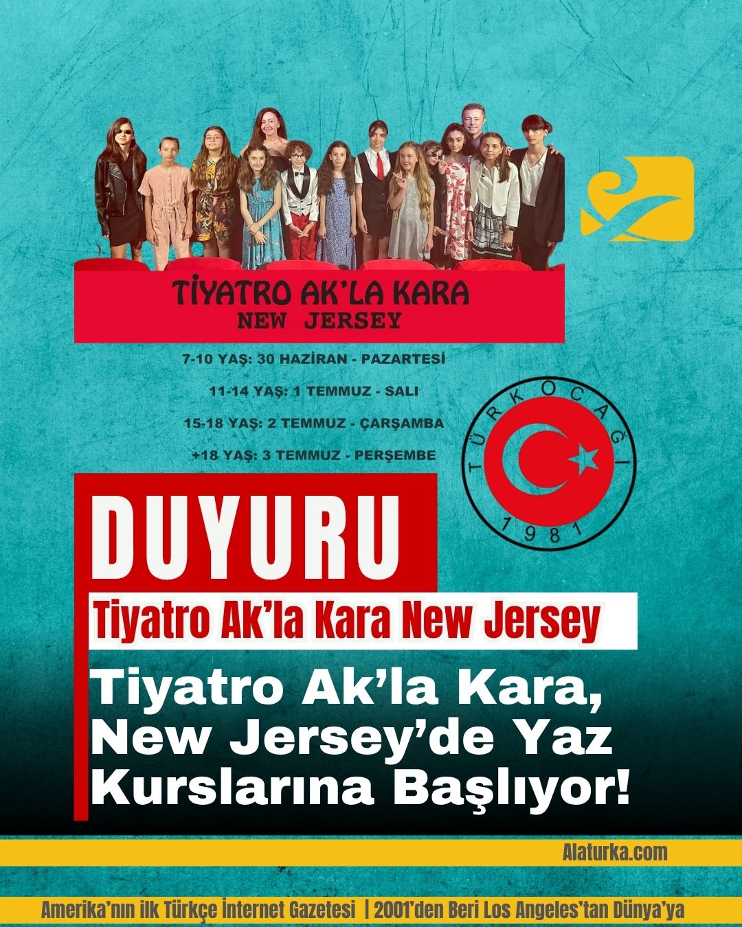 Tiyatro Ak’la Kara'nın New Jersey yaz dönemi kursları çocuklar ve gençler için başlıyor.