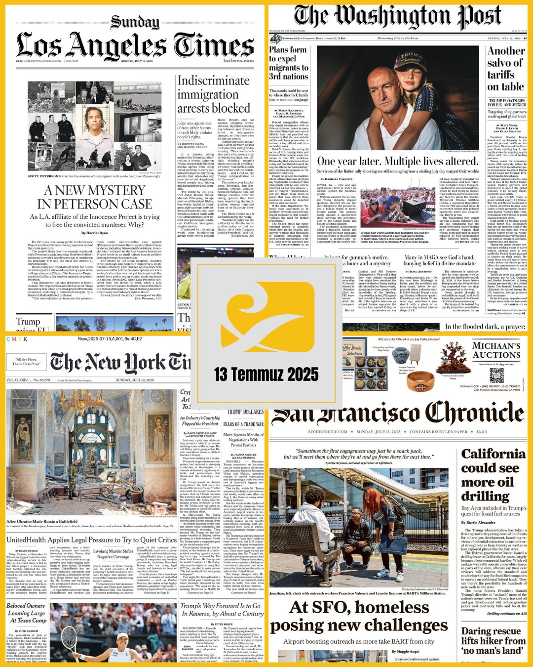 13 Temmuz 2025 tarihli ABD gazetelerinin (NYT, WP, LAT, SF Chronicle) birinci sayfasından seçilmiş manşet kolajı