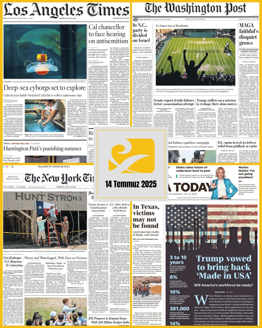 14 Temmuz 2025 tarihli ABD gazetelerinin (NYT, WP, USA Today, LAT) birinci sayfasından seçilmiş manşet kolajı