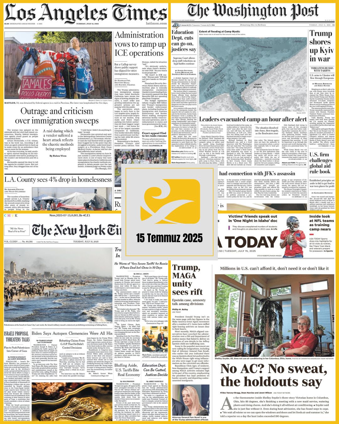 15 Temmuz 2025 tarihli ABD gazetelerinin (NYT, WP, USA Today, LAT) birinci sayfalarından seçilmiş manşet kolajı