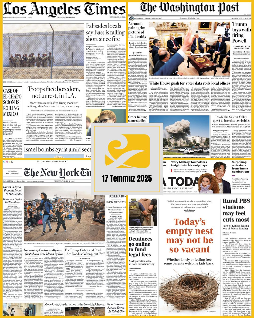 17 Temmuz 2025 tarihli ABD gazetelerinin birinci sayfalarını gösteren kolaj: USA Today, The New York Times, The Washington Post ve Los Angeles Times