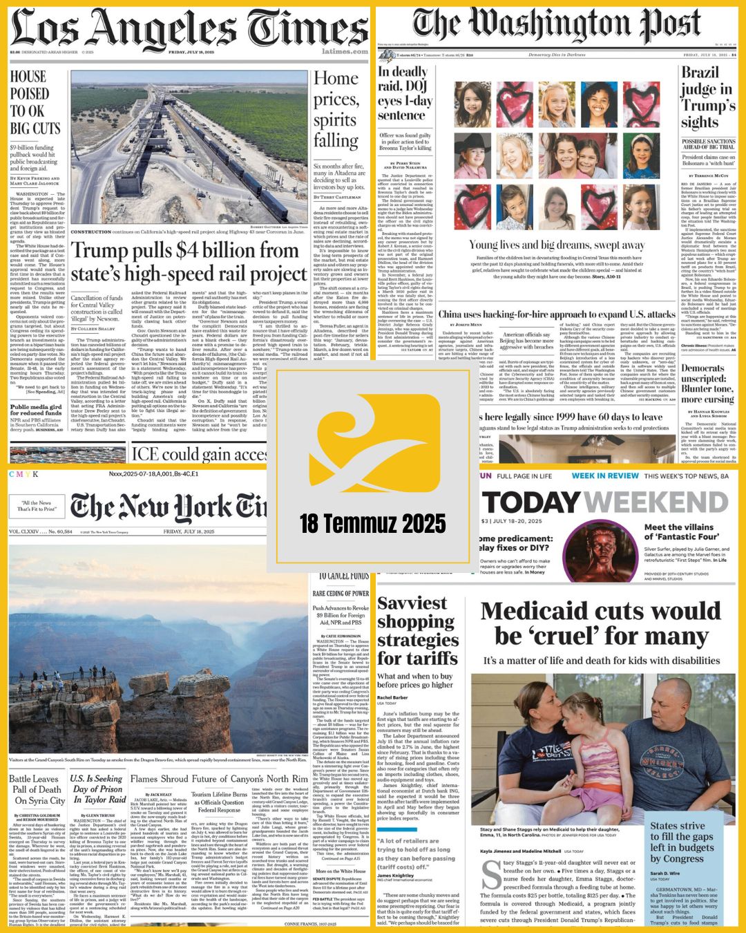 18 Temmuz 2025 tarihli ABD gazetelerinde öne çıkan manşetleri gösteren gazete kapak kolajı
