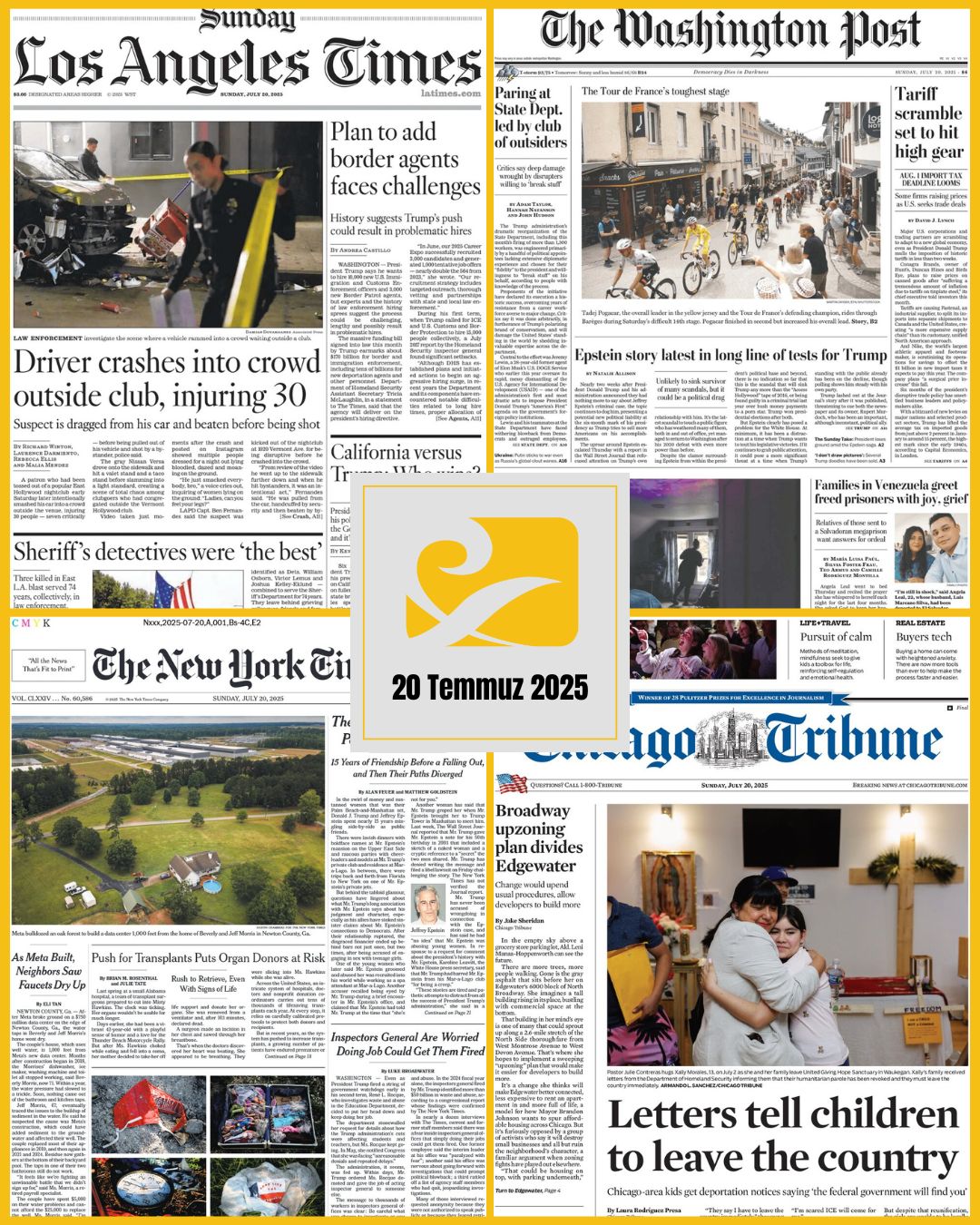 20 Temmuz 2025 tarihli ABD gazetelerinden seçilmiş manşet görüntüleri ve öne çıkan başlıklar