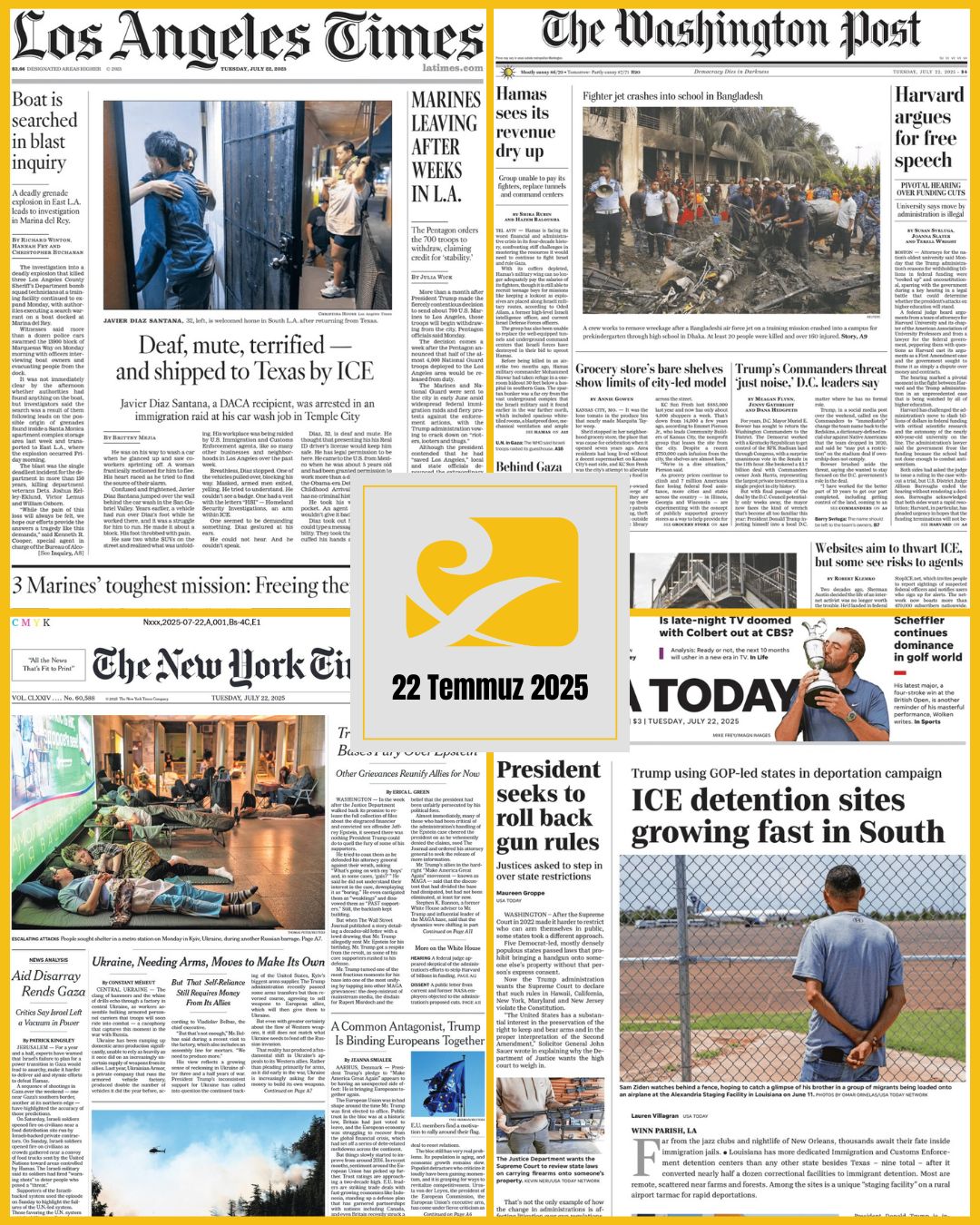 22 Temmuz 2025 tarihli ABD gazetelerinin birinci sayfalarını gösteren kolaj: USA Today, The New York Times, The Washington Post ve Los Angeles Times
