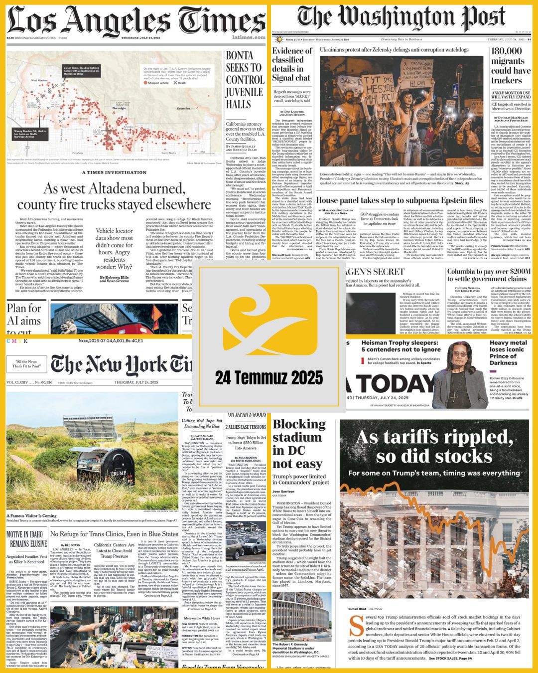 24 Temmuz 2025 tarihli ABD gazetelerinin birinci sayfalarını gösteren kolaj: USA Today, The New York Times, The Washington Post ve Los Angeles Times