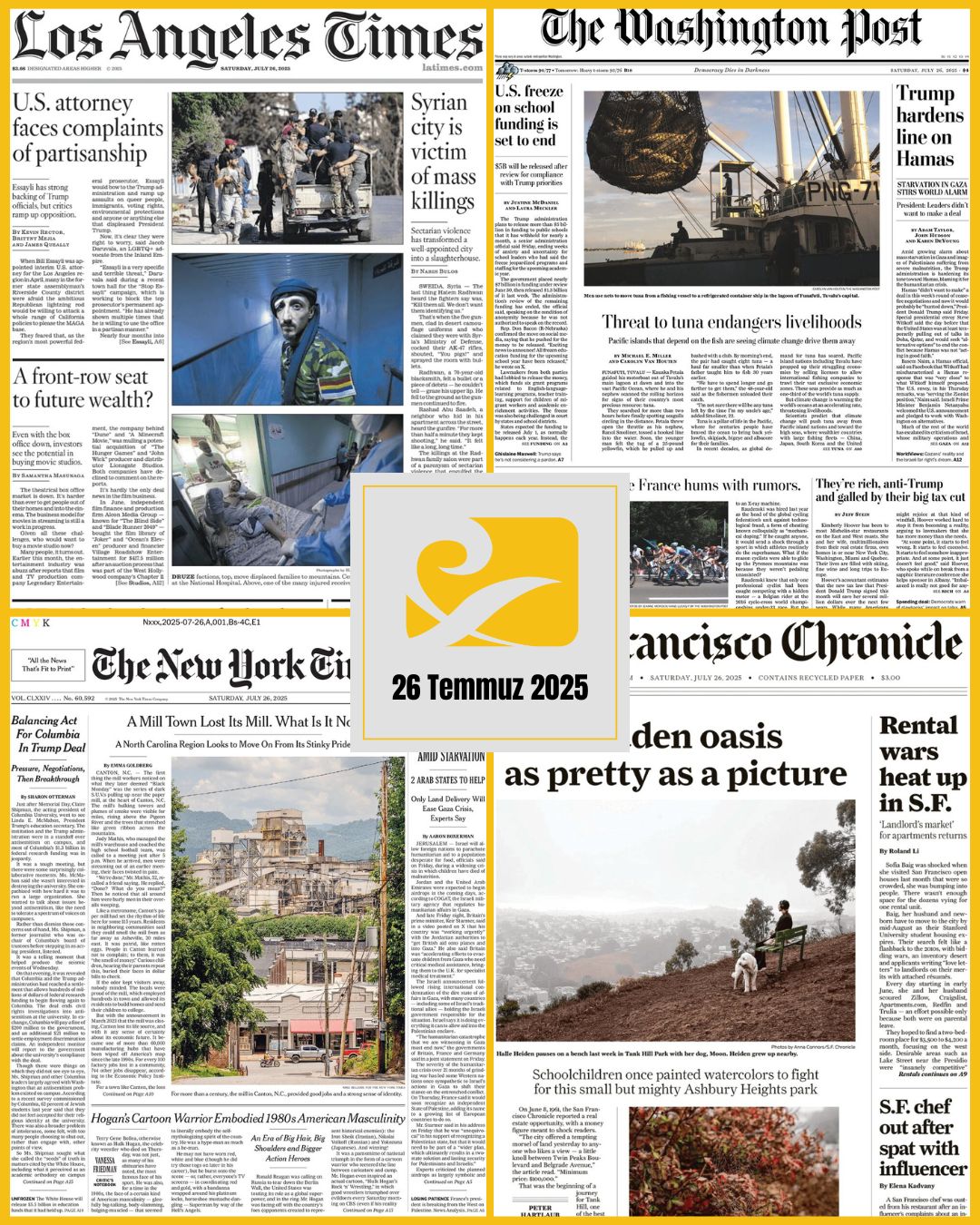 26 Temmuz 2025 tarihli ABD gazetelerinin birinci sayfalarını gösteren kolaj: USA Today, The New York Times, The Washington Post ve Los Angeles Times