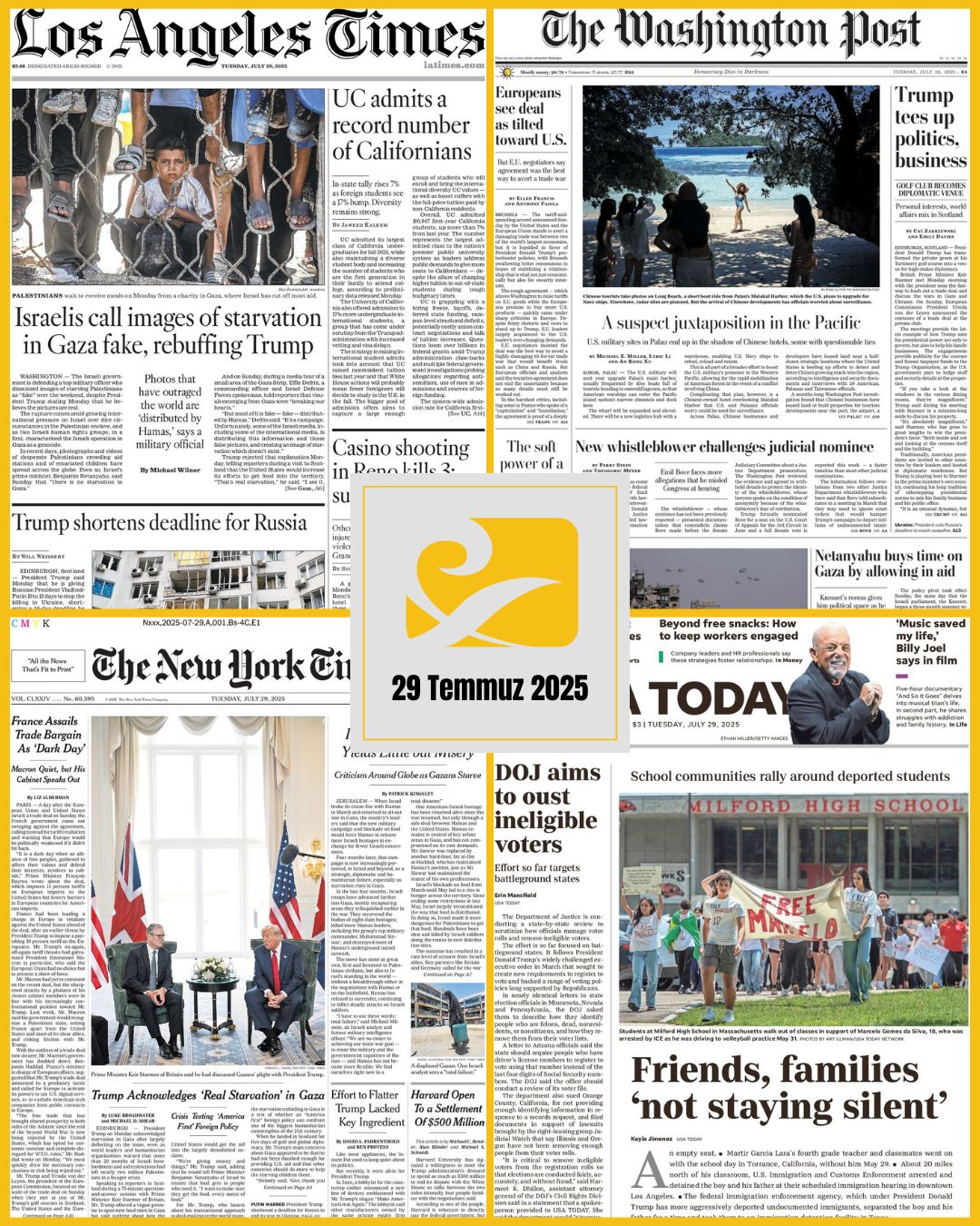 abd-gazeteleri-birinci-sayfalari-29-temmuz-2025 29 Temmuz 2025 tarihli ABD gazetelerinin birinci sayfalarını gösteren kolaj: USA Today, The New York Times, The Washington Post ve Los Angeles Times