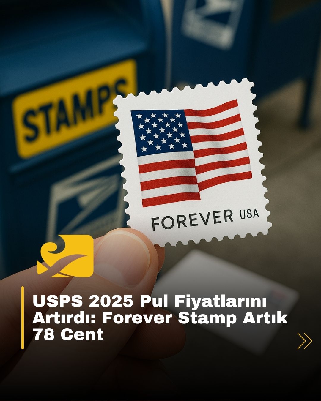 USPS’nin 13 Temmuz 2025’te yaptığı pul zammını simgeleyen posta kutusu ve zarf sahnesi