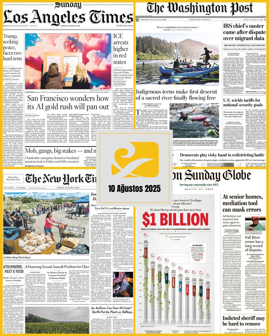 10 Ağustos 2025 tarihli ABD gazetelerinin ilk sayfaları