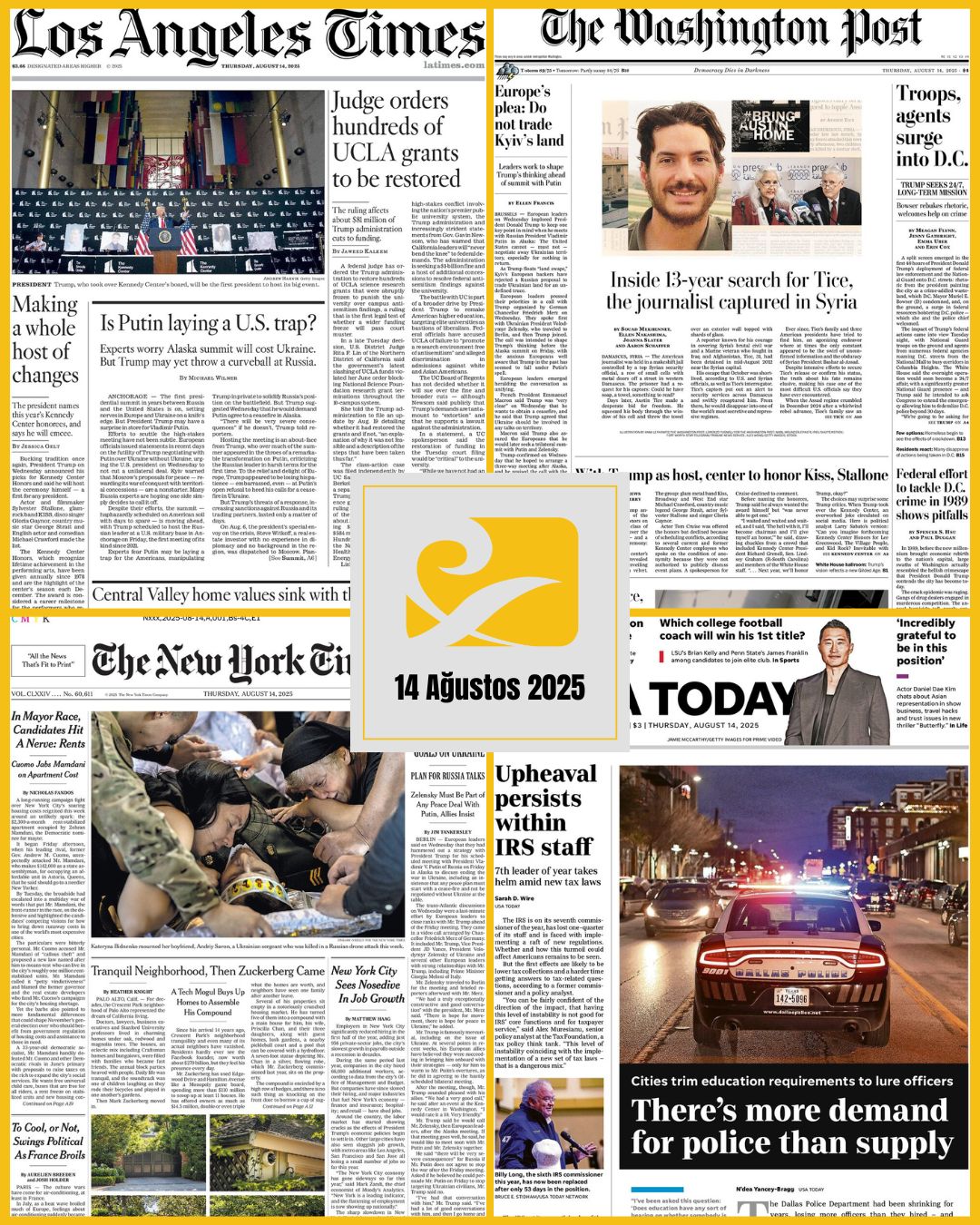 14 Ağustos 2025 tarihli ABD gazetelerinin birinci sayfalarını gösteren kolaj: USA Today, The New York Times, The Washington Post ve Los Angeles Times