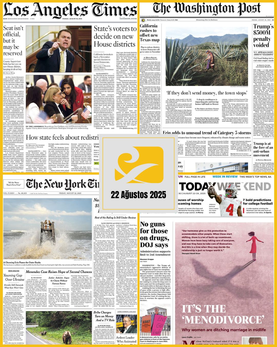 22 Ağustos 2025 tarihli ABD gazetelerinin birinci sayfalarını gösteren kolaj: USA Today, The New York Times, The Washington Post ve Los Angeles Times