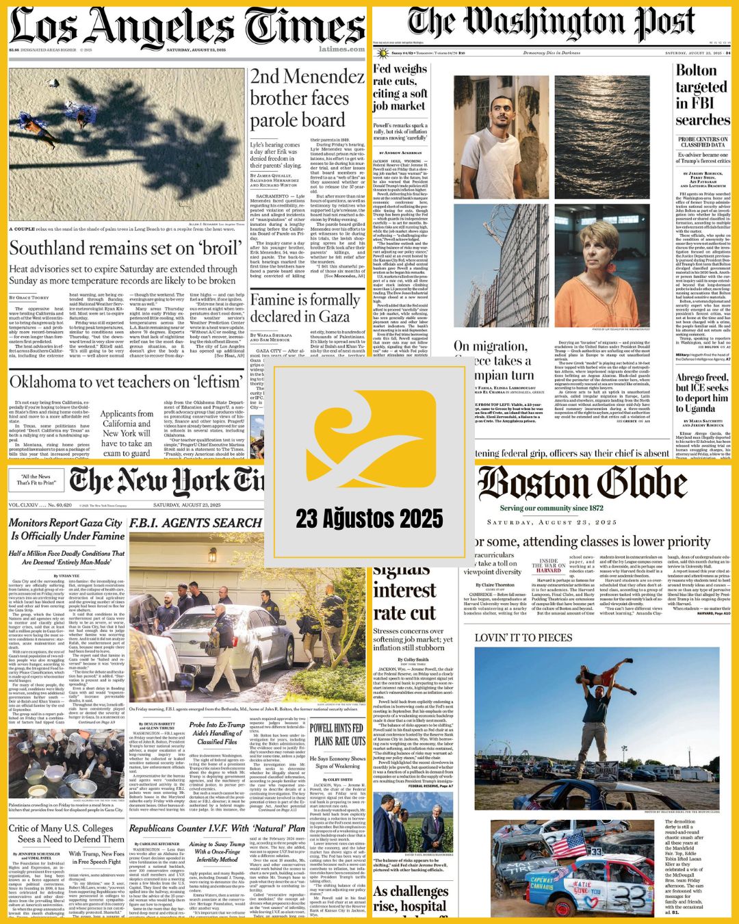 23 Ağustos 2025 tarihli ABD gazetelerinin birinci sayfalarını gösteren kolaj: The Boston Globe, The New York Times, The Washington Post ve Los Angeles Times