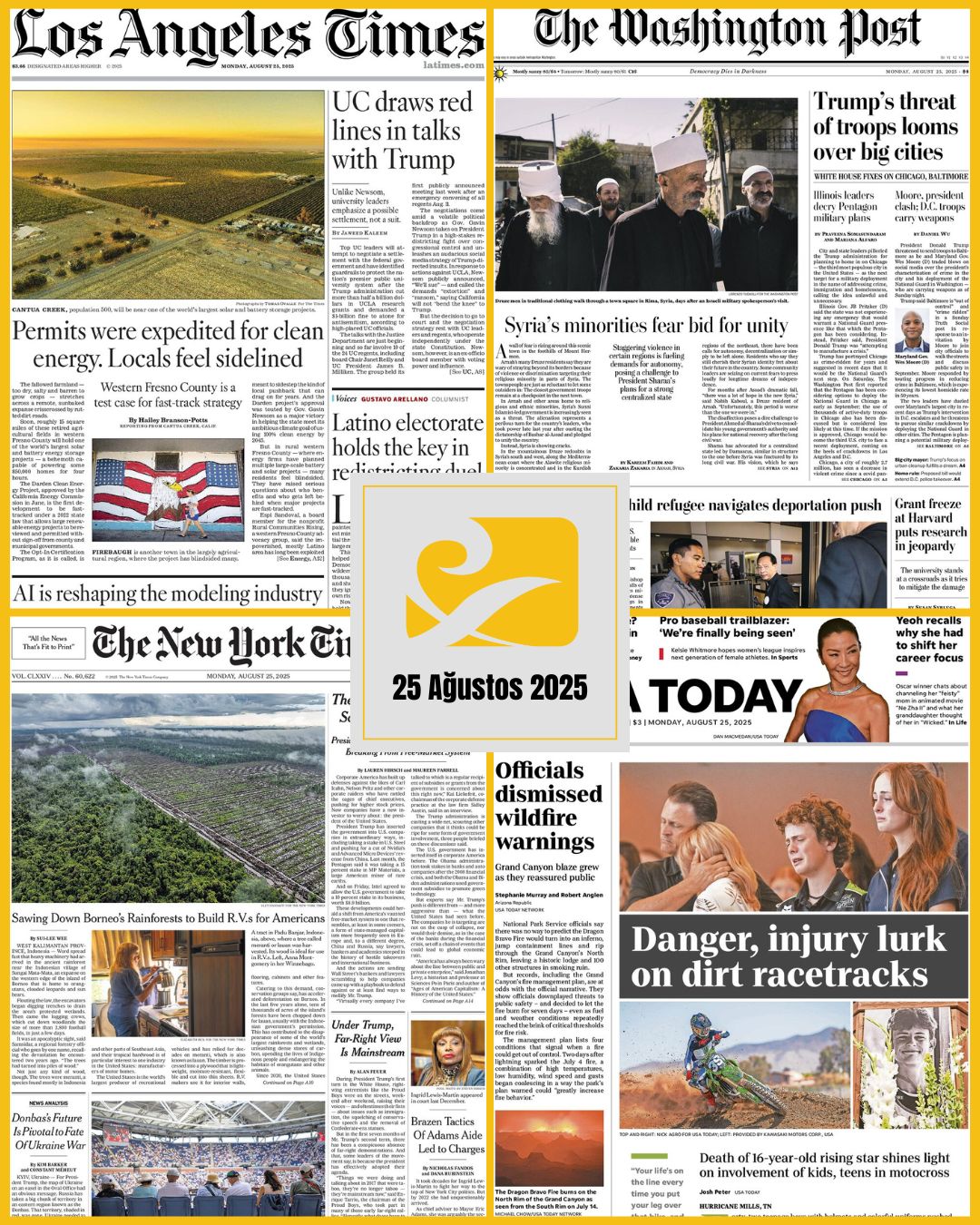 abd-gazeteleri-25-agustos-2025 25 Ağustos 2025 tarihli ABD gazetelerinin birinci sayfalarını gösteren kolaj: USA Today, The New York Times, The Washington Post ve Los Angeles Times