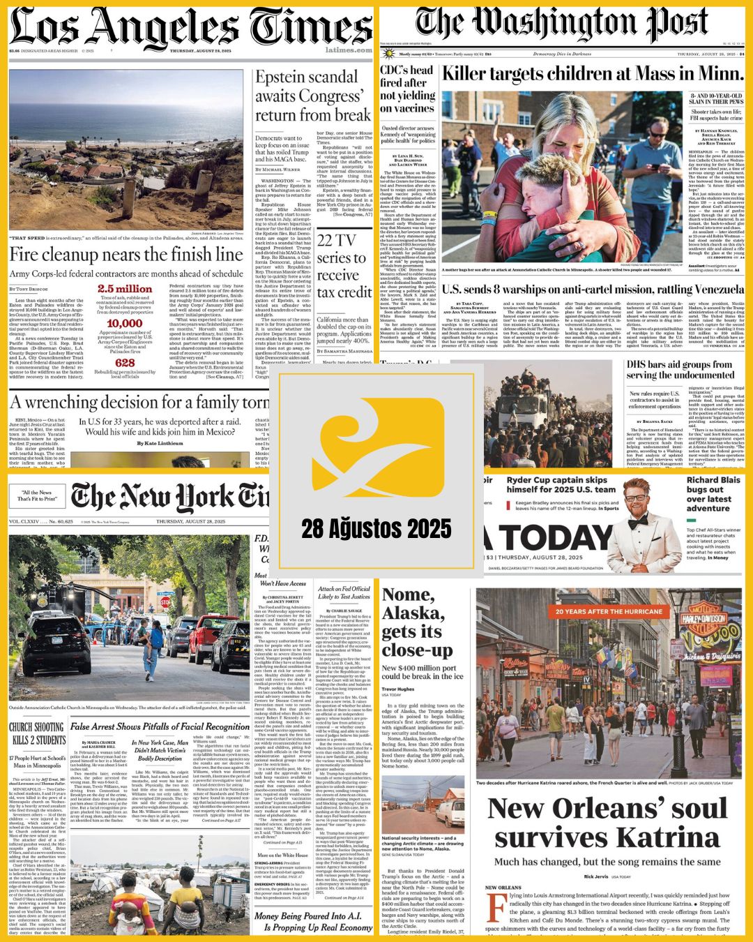 28 Ağustos 2025 tarihli ABD gazetelerinin birinci sayfalarını gösteren kolaj: USA Today, The New York Times, The Washington Post ve Los Angeles Times