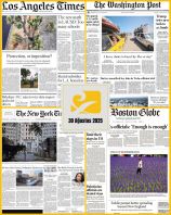 30 Ağustos 2025 tarihli ABD gazetelerinin birinci sayfalarını gösteren kolaj: The Boston Globe, The New York Times, The Washington Post ve Los Angeles Times