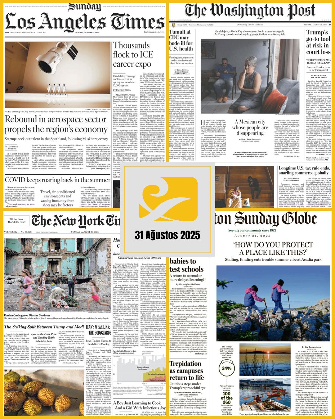 31 Ağustos 2025 tarihli ABD gazetelerinin birinci sayfalarını gösteren kolaj: The Boston Globe, The New York Times, The Washington Post ve Los Angeles Times