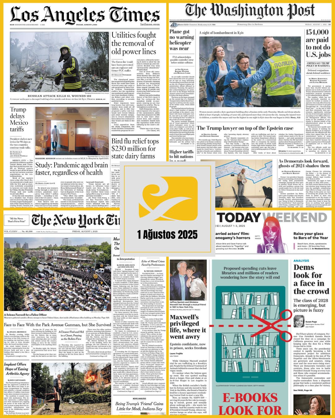 1 Ağustos 2025 tarihli ABD gazetelerinin birinci sayfalarını gösteren kolaj: USA Today, The New York Times, The Washington Post ve Los Angeles Times