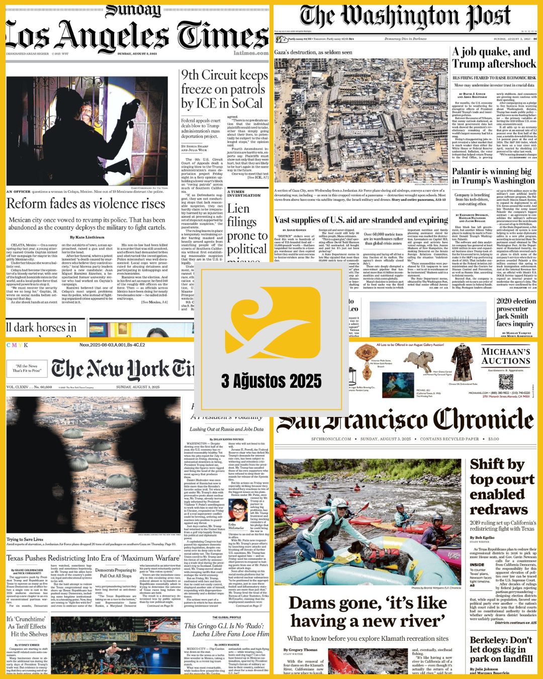 abd-gazeteleri-birinci-sayfalari-3-agustos-2025 3 Ağustos 2025 tarihli ABD gazetelerinin birinci sayfalarını gösteren kolaj: San Francisco Chronicle, The New York Times, The Washington Post ve Los Angeles Times