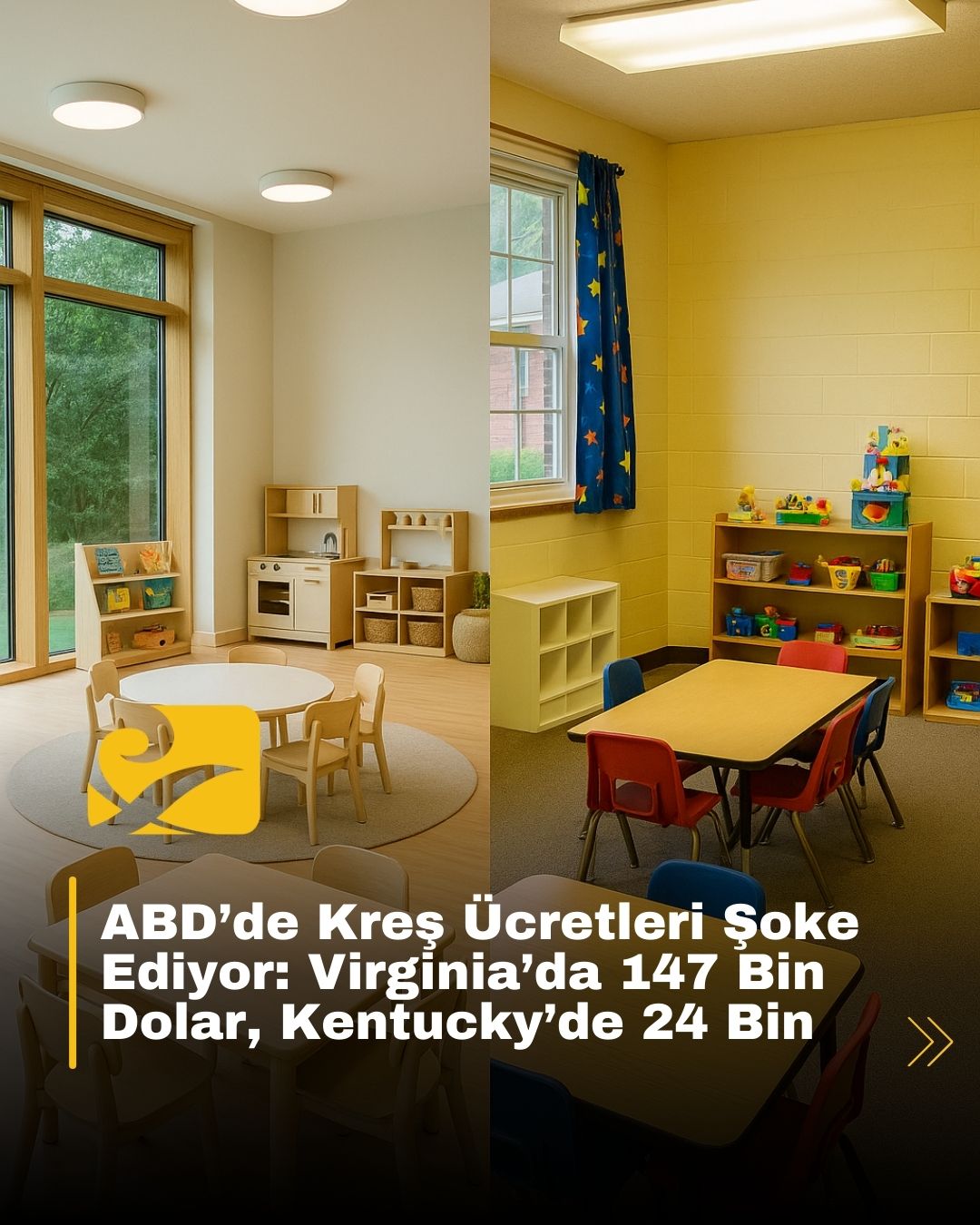 Bir yanda Virginia’da lüks bir kreş sınıfı, diğer yanda Kentucky’de daha mütevazı bir çocuk bakım merkezi.