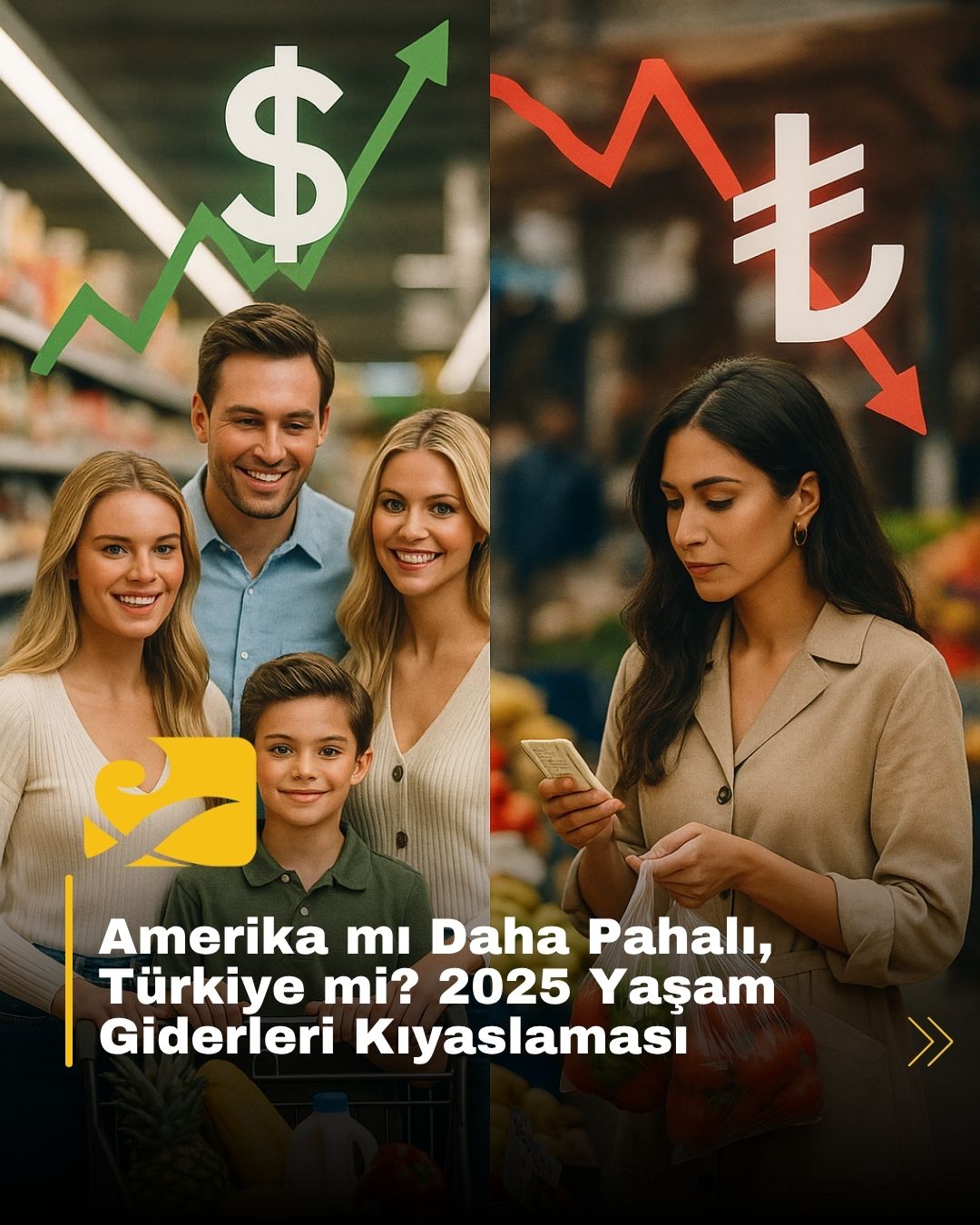 Türkiye ve Amerika’daki yaşam maliyetlerini gösteren sembolik sahne, market, kira ve para görselleriyle