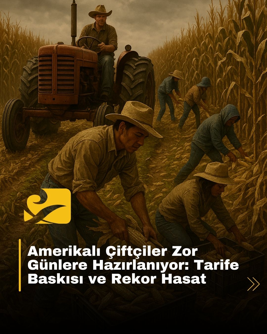 Iowa’da mısır tarlasında çalışan çiftçiler; arka planda traktörler ve güneşin batışı.