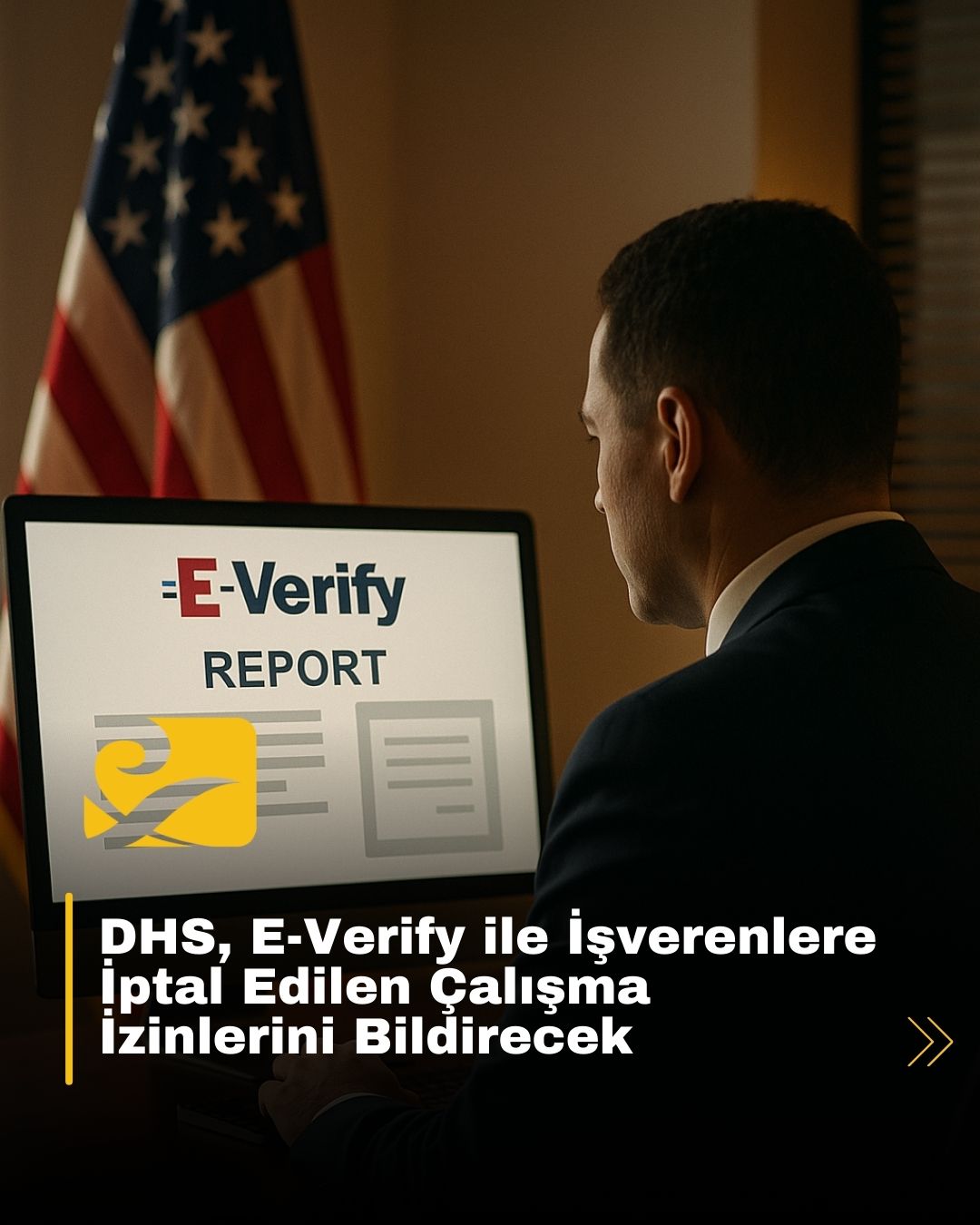 E-Verify ekranında iptal edilmiş çalışma izni raporu, göçmenlik denetimlerini simgeleyen görsel