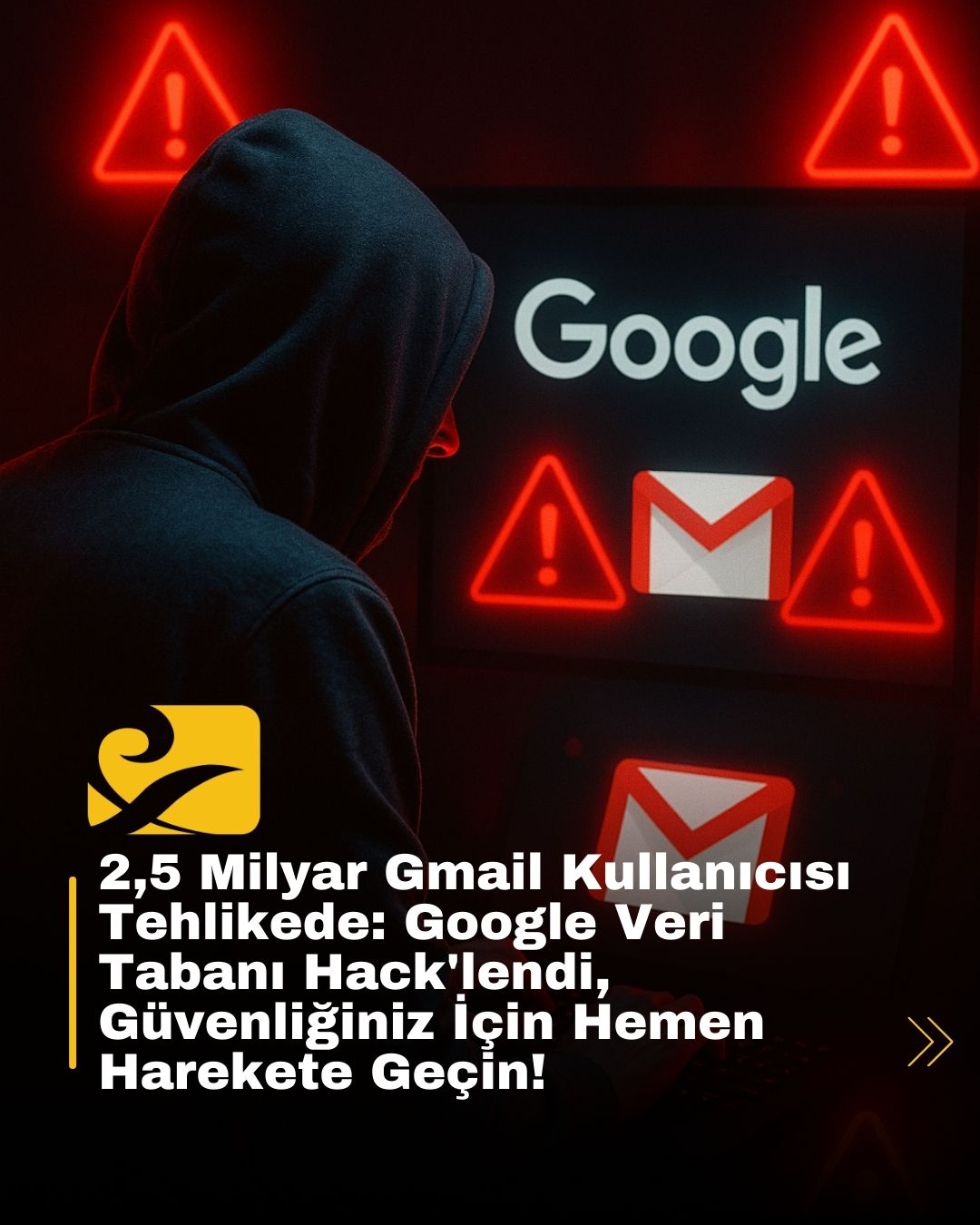 Google logosu ve Gmail simgesi üzerinde kırmızı alarm ışığıyla bir hacker saldırısı görseli