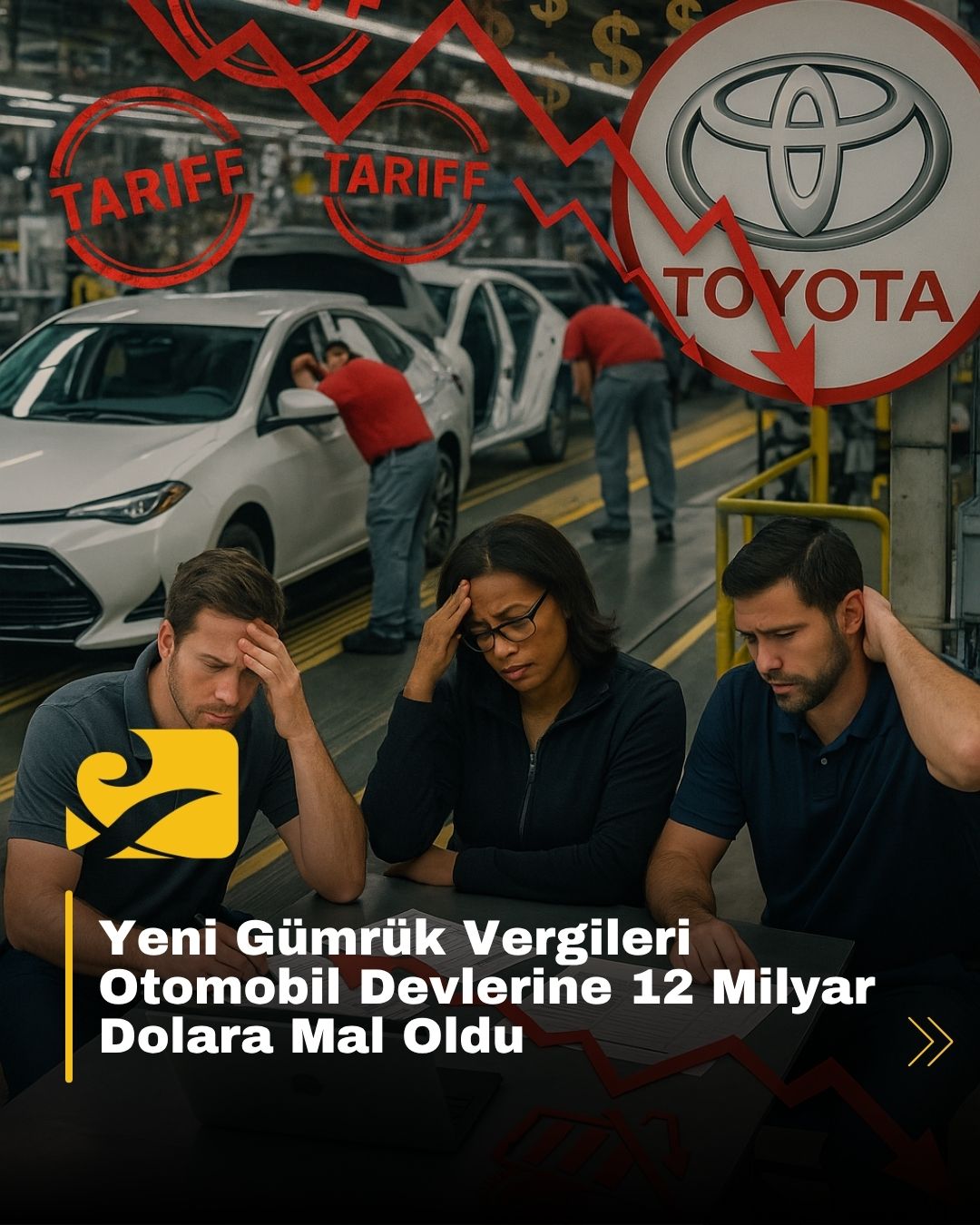 Gümrük vergilerinden etkilenen otomotiv şirketlerinin zararını simgeleyen profesyonel bir sahne