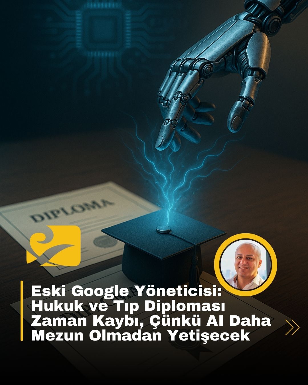 Bir robot elin, üzerinde "hukuk" ve "tıp" yazan birer diplomanın altını çizdiği, yanında ise yapay zeka sembollerinin parladığı bir illüstrasyon. Görsel, hukuk ve tıp diplomalarının yapay zeka karşısındaki durumunu simgeliyor