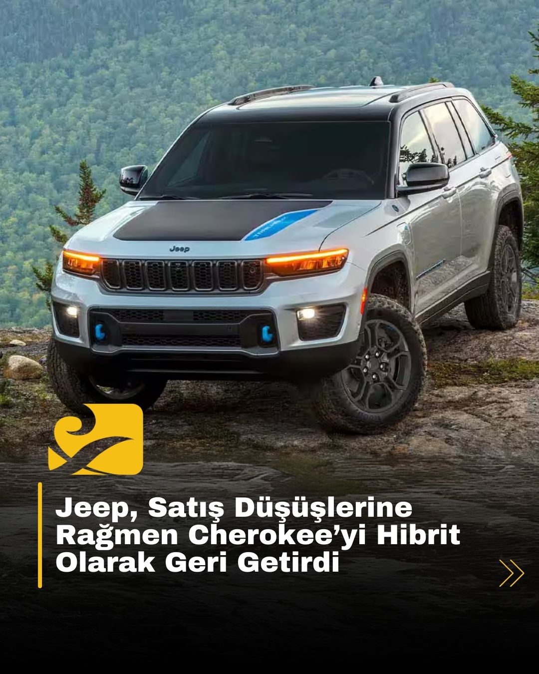Yeni hibrit Jeep Cherokee, modern şehir manzarası önünde tanıtım sahnesinde
