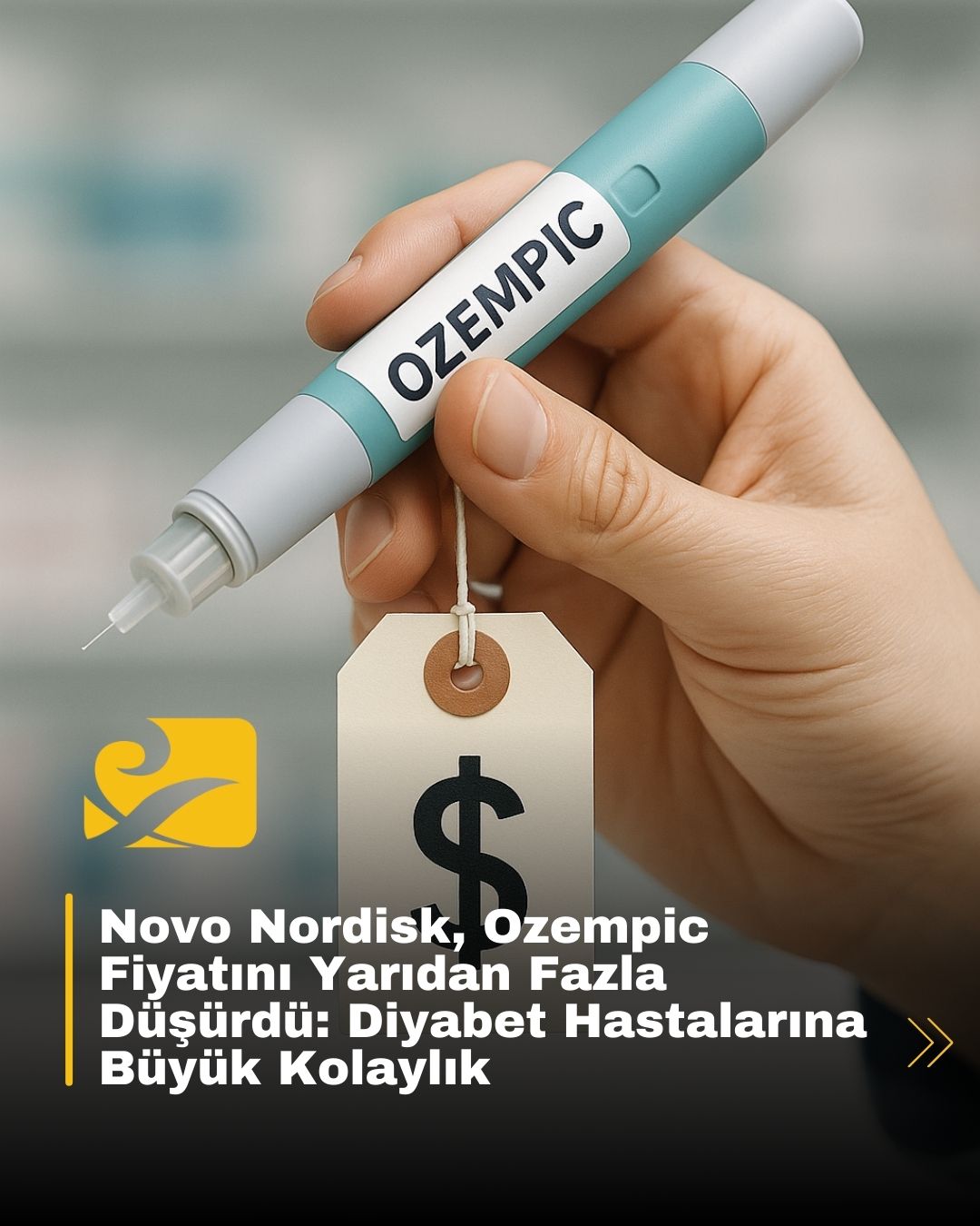 Elinde bir Ozempic enjeksiyon kalemi tutan bir kişinin önünde, üzerinde $ yazan bir fiyat etiketi bulunan bir illüstrasyon. Arka plan bulanık ve tıbbi bir ortamı çağrıştırıyor. Görsel, Novo Nordisk Ozempic fiyat indirimini simgeliyor.