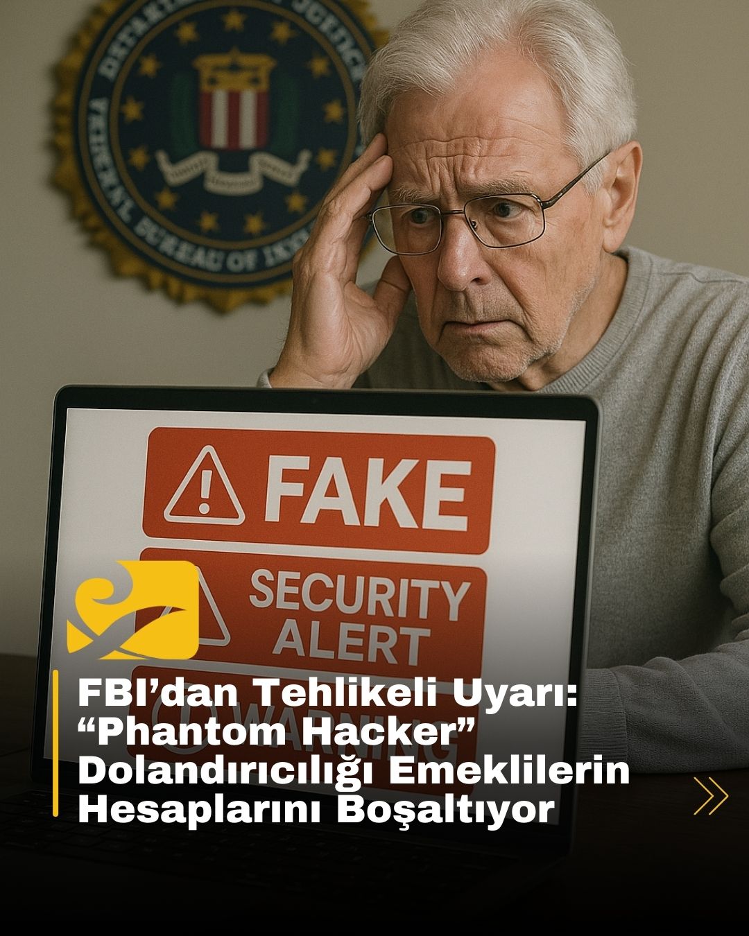 Bilgisayar ekranında sahte uyarılar; arka planda FBI logosu ve yaşlı bir kişinin endişeyle bilgisayarına bakışı.