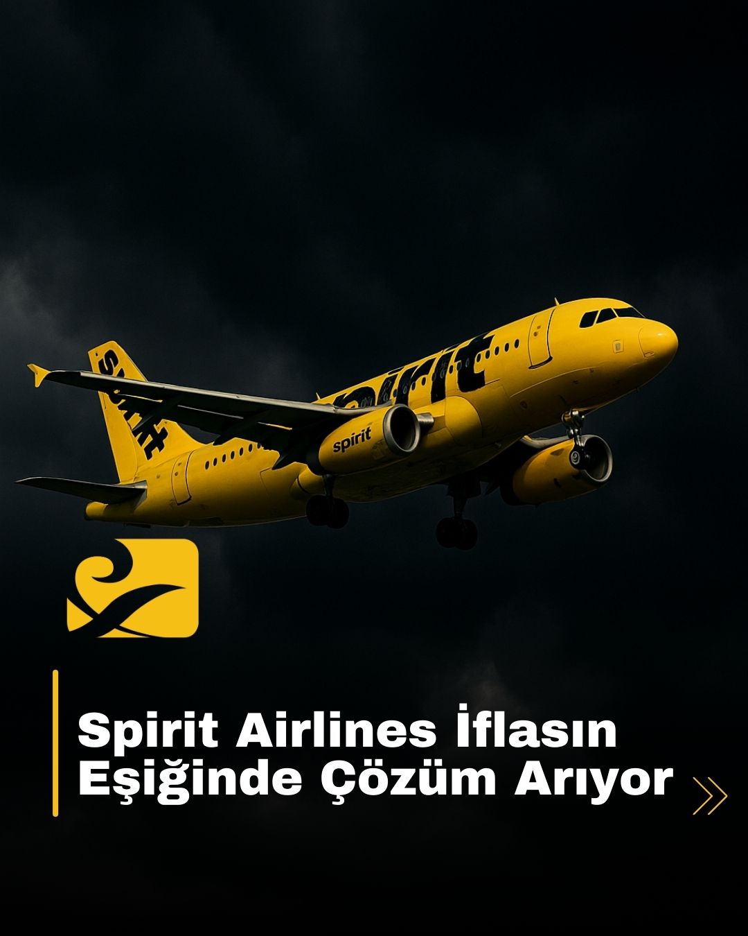 Spirit Airlines uçağı havada, arka planda karanlık bulutlarla belirsizliği simgeleyen bir sahne.