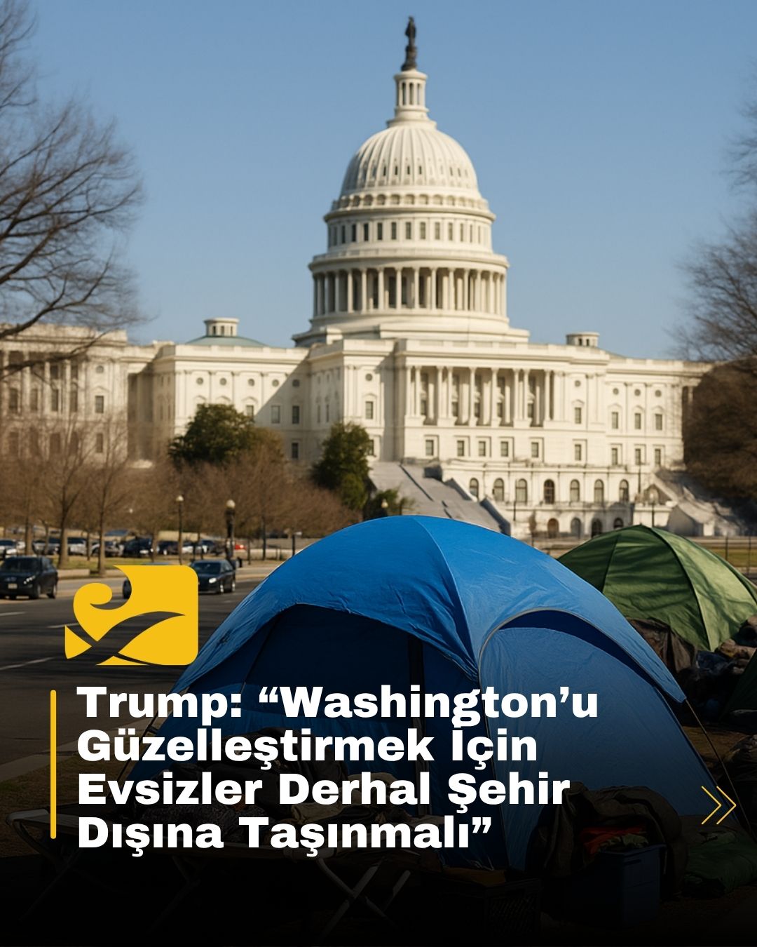 Washington DC’de çadırda yaşayan evsizler ve arka planda Kongre Binası.